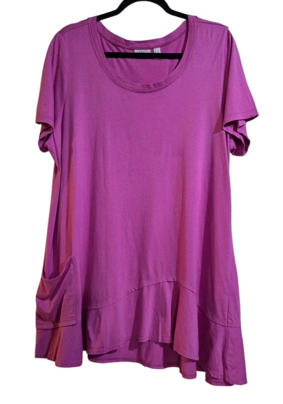 Logo by Lori Goldstein 1X Pink Top Artsy Ruffle Trim Asymmetric Hem Tunic Pocket
